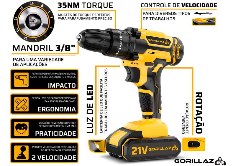 Parafusadeira Furadeira Impacto 2 Baterias 21v + Jogo 300 Pç